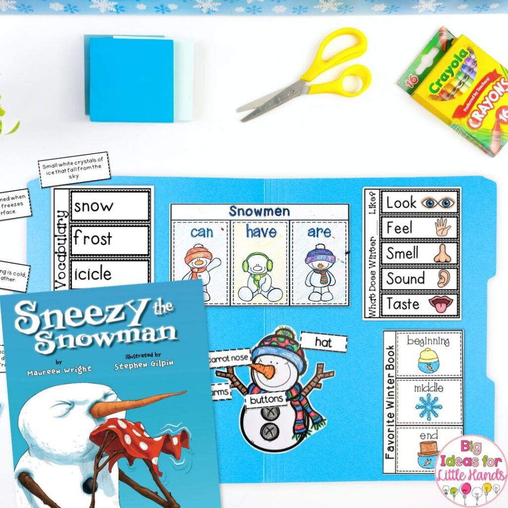 After reading Sneezy the Snowman, students can complete snowman themed activities in the lapbook.