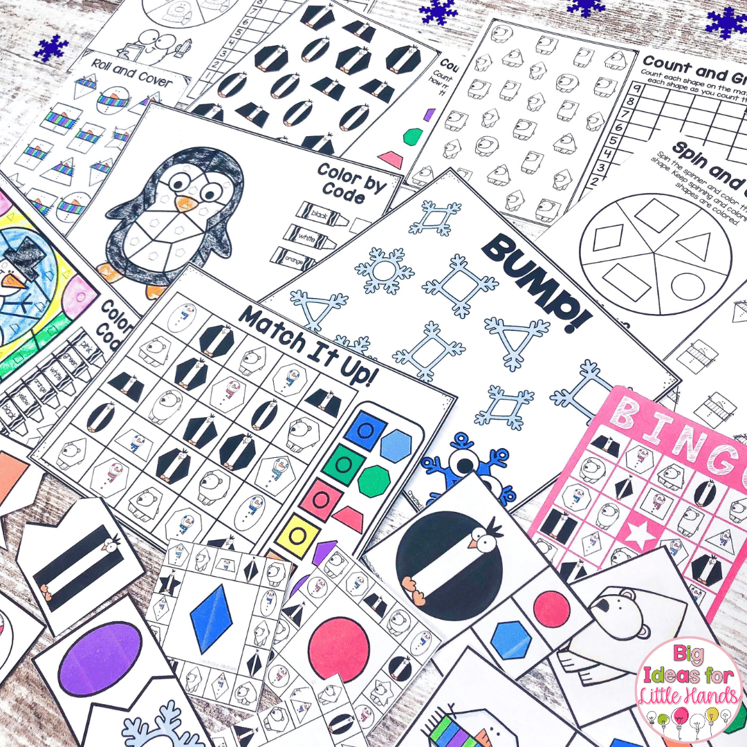This image highlights winter fine motor activities that double as 2D shape practice!