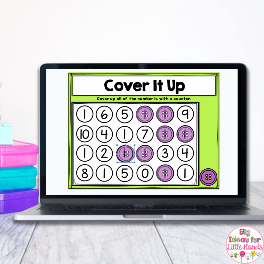 This image highlights digital number of the week activities for the number 1. Students will use moveable pieces to cover the target number.
