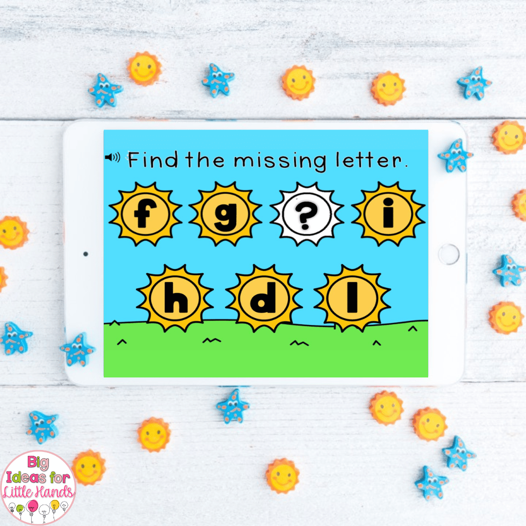 Using the Google Slides for summer in this image, students will practice letter order by finding the missing letter.