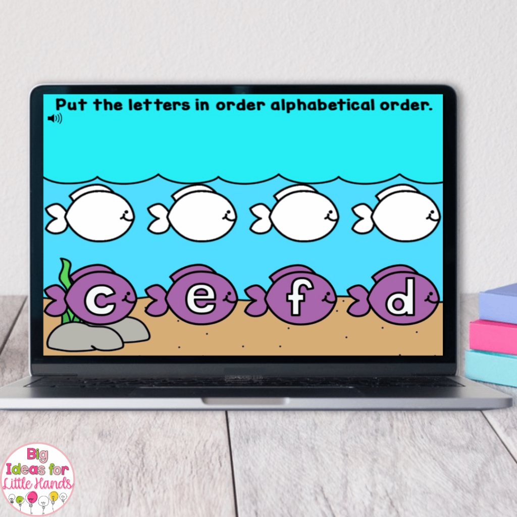 Students will practice putting letters in alphabetical order using the Google Slides for summer in this image.