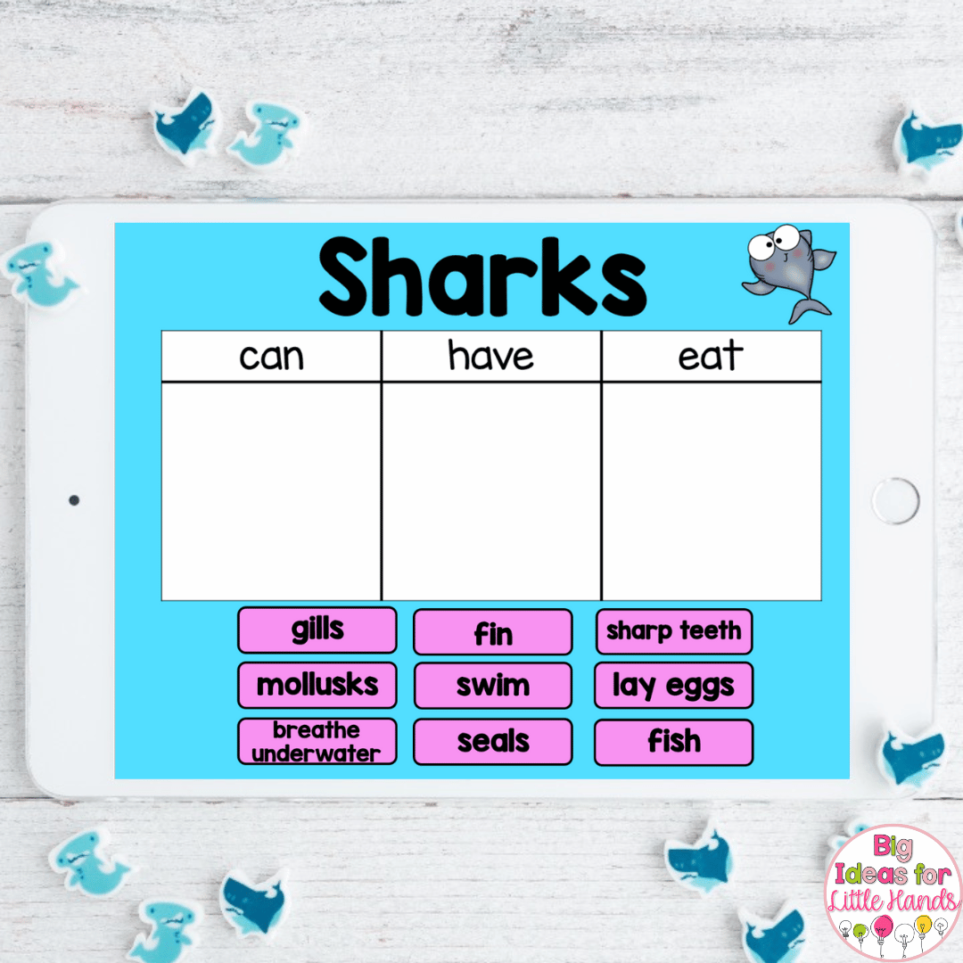 This image shows a fun shark themed activity that students can complete using Google Slides.