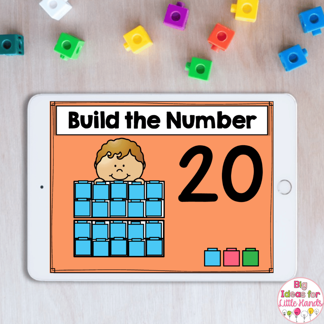 Using the digital activity in this image, students will use moveable math cubes to build the number 20.