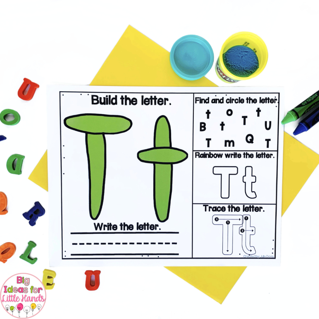 This photo shows an alphabet fine motor activity that uses playdough. Students can build letters using dough.