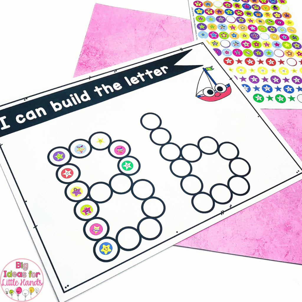 This photo highlights some fun alphabet activity mats that can be used alongside stickers to build fine motor skills.