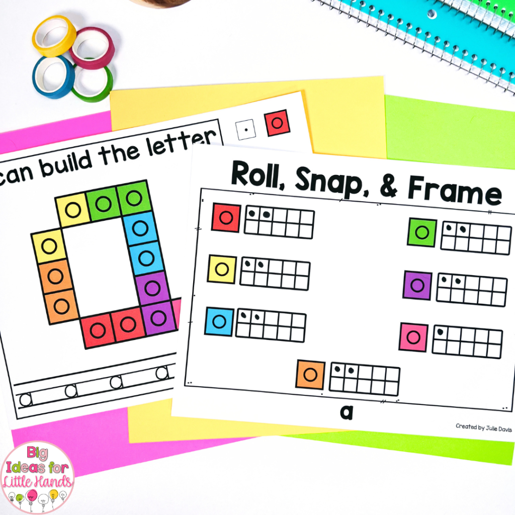 This photo features letter mats can can be used with plastic math cubes to build letter knowledge as well as fine motor skills.