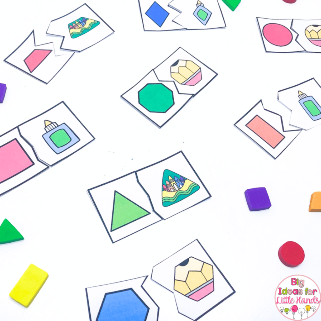 With the back to school shape activities in this photo, students will match real world objects and 2D shapes in a puzzle style activity.