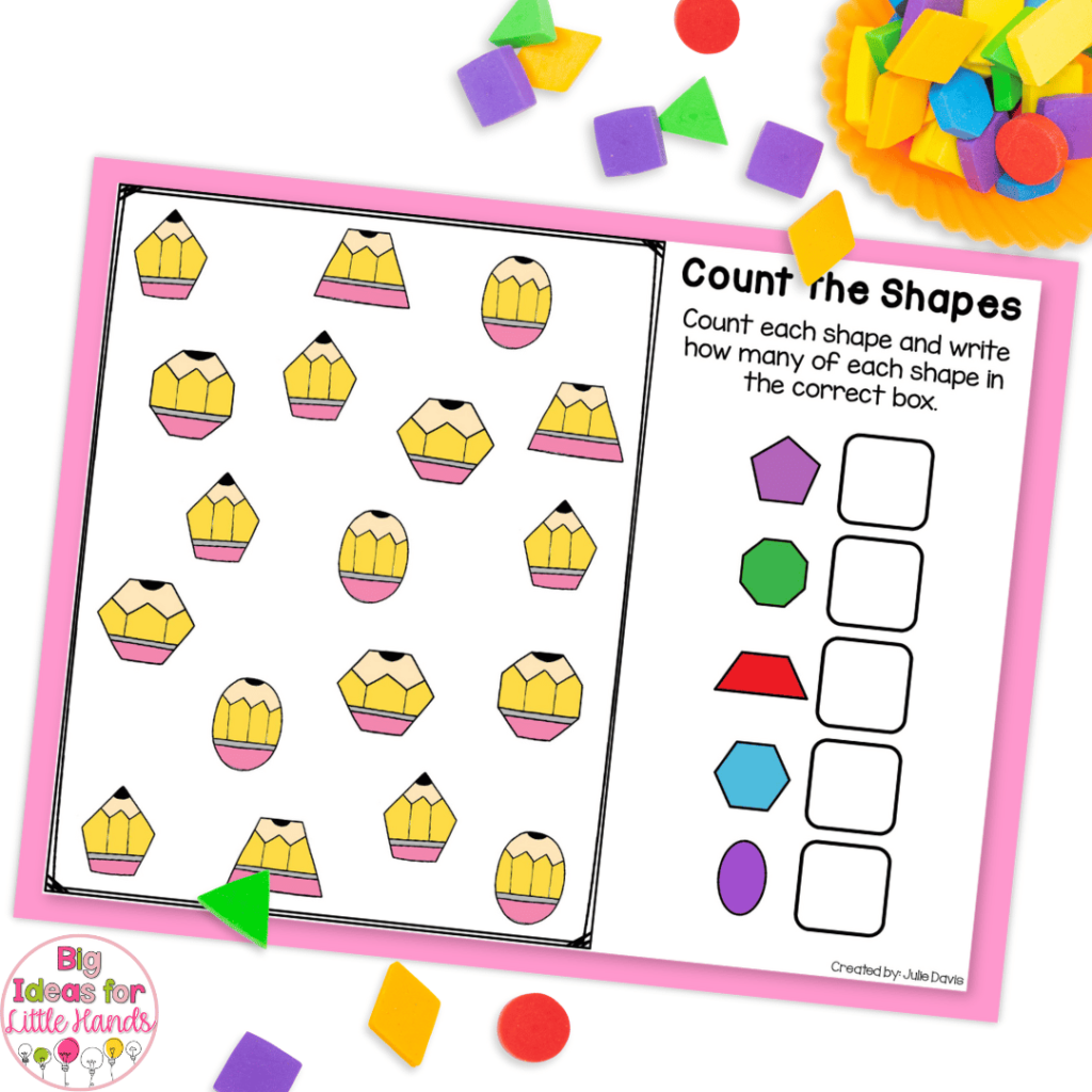 This image showcases back to school shape activities where students will cover and count each 2D shape.