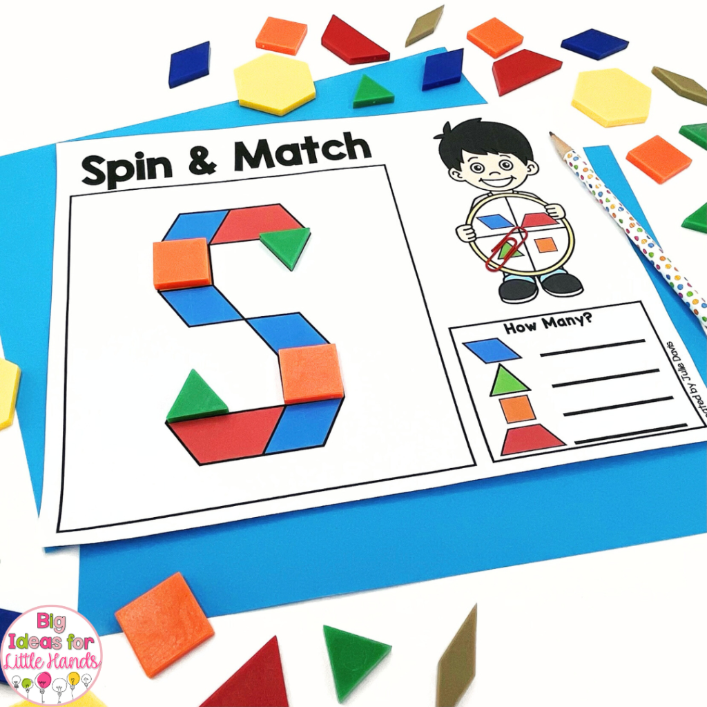 This photo highlights a spin and match activity. Students will build letters using pattern blocks in this engaging fine motor activity.