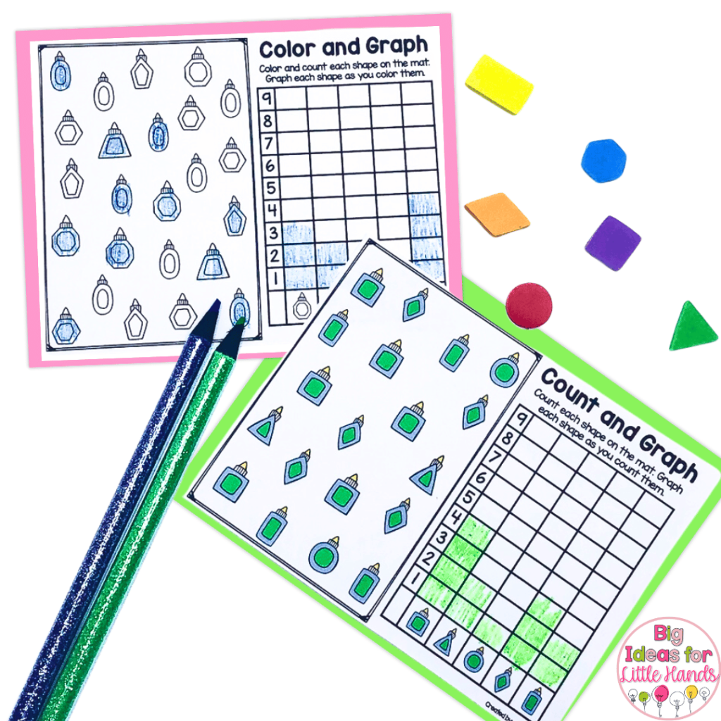 This image shows back to school shape activities in a "Color and Graph" format.