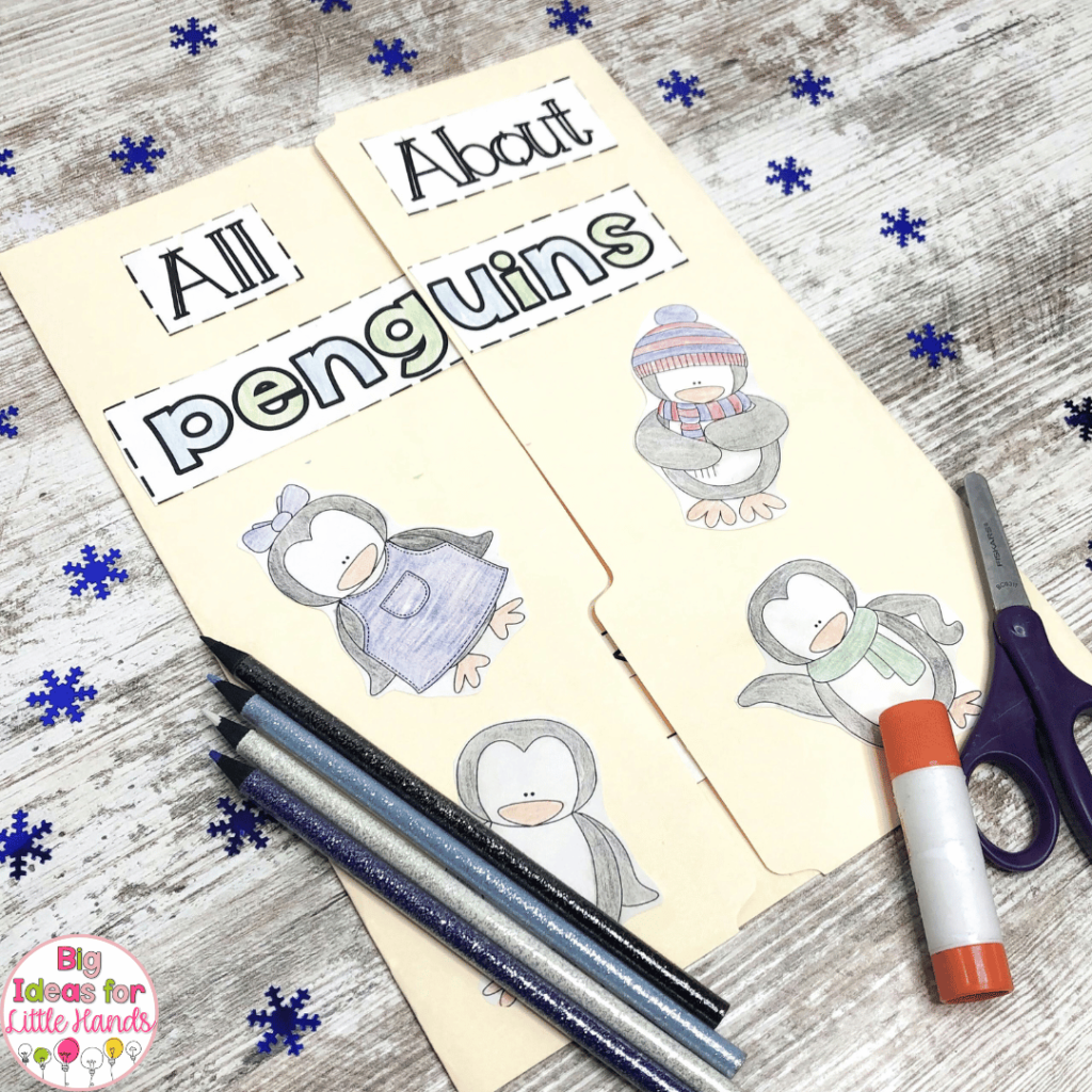 This image shows an "All About Penguins" lap book.
