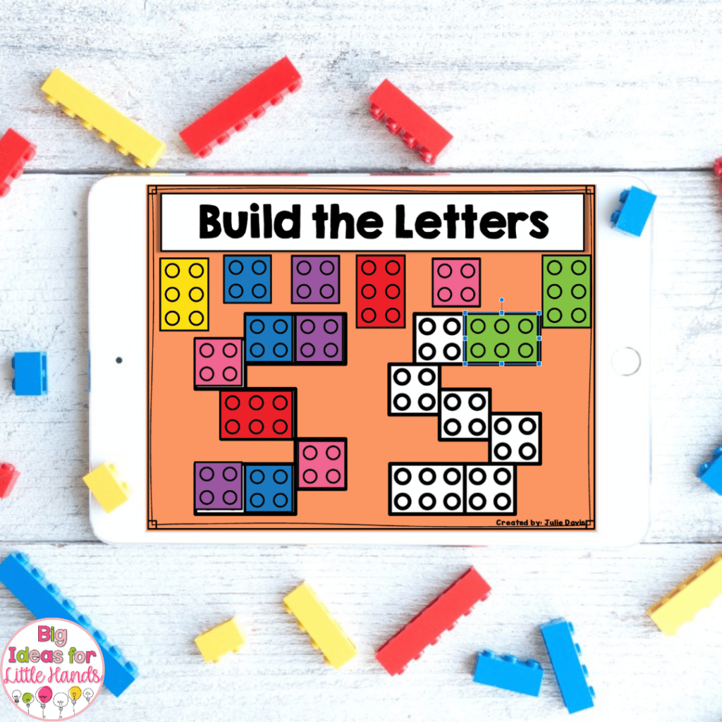 This image features a digital "Build the letters" activity. In the letter of the week activity, students will build letters on the slide using digital building blocks.