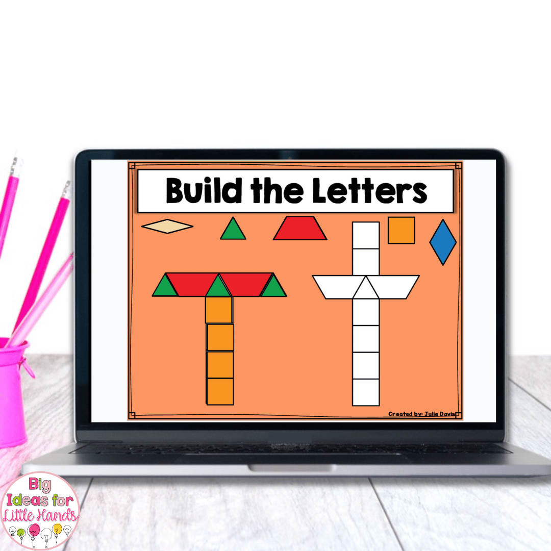 This image highlights a letter of the week activity that will have students building the target letter on screen using digital pattern blocks.