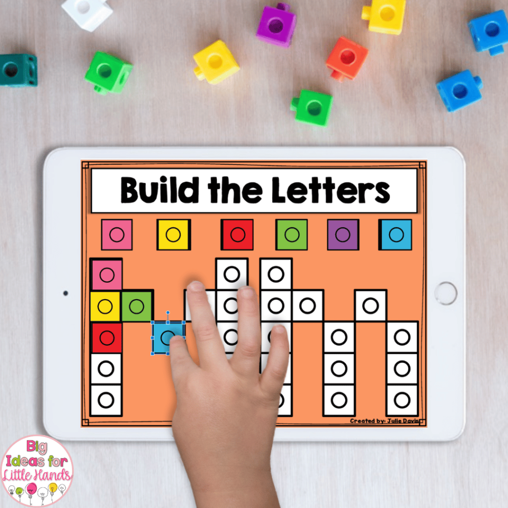 Students will love the digital "build the letters" activity in this image. Using drag and drop unifix cubes, students will build the upper and lowercase target letter on the screen.