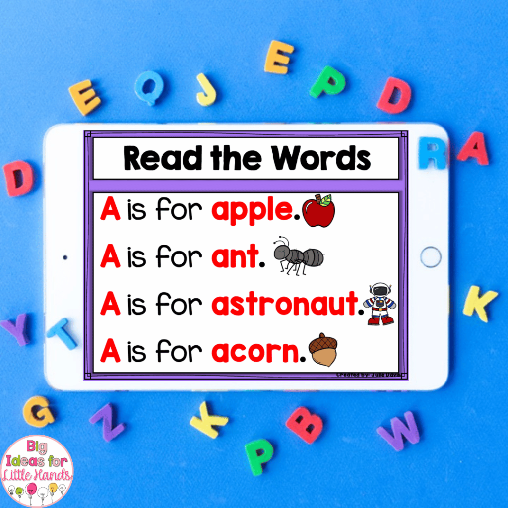 With the digital letter of the week activity in this image, students will get familiar with words that begin with the target letter.