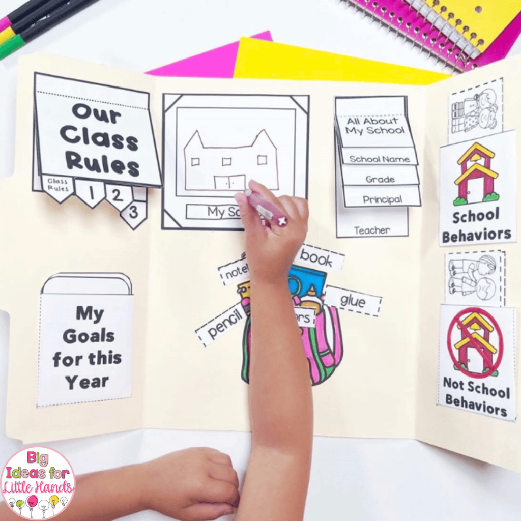 This photo highlights a back to school lapbook, perfect for learning about school rules and procedures.