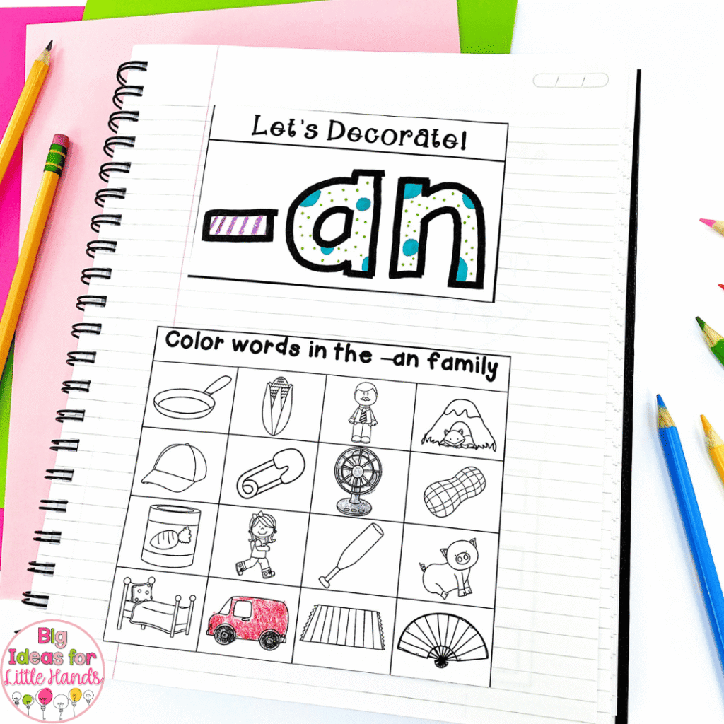 Students will color words in the -an family using this interactive workbook page.