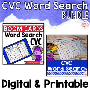 CVC Word Search Puzzle Worksheet and Digital Boom Cards Bundle