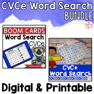 CVCe Word Search Puzzle Worksheet Digital Boom Cards Bundle