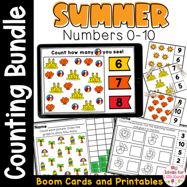 Summer End of Year Counting Worksheets Numbers to 10 and Boom Cards Bundle