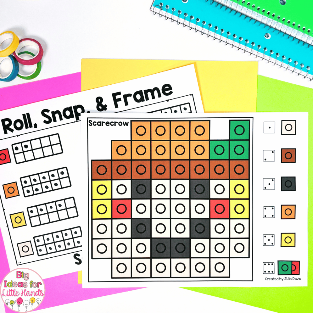 The Roll, Snap & Frame activities in this photo are a great way to practice critical thinking skills in a fun way! In the activity shown, students will make a scarecrow image using snap cubes and record how many of each color they used on a ten frame!