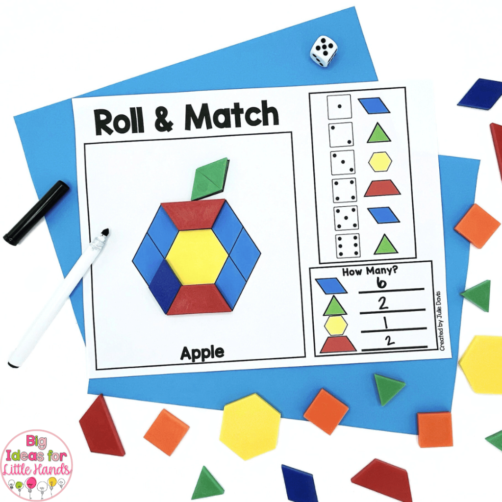 The Roll and Match activity featured in this image is a great way to practice critical thinking skills. Students will roll dice and place corresponding pattern blocks on the activity mat.