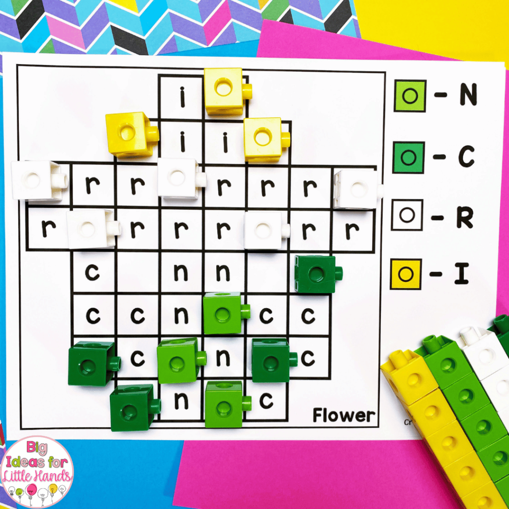 This image shows a snap cube activity mat. Students will use the color code to put colored snap cubes on the corresponding letters in this critical thinking skills activity.