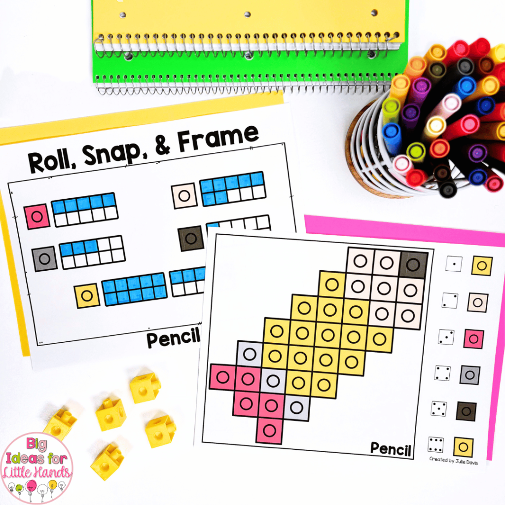 This image shows, "Roll, Snap & Frame" a fun critical thinking skills activity that can be used in primary grades to practice ten frames skills!