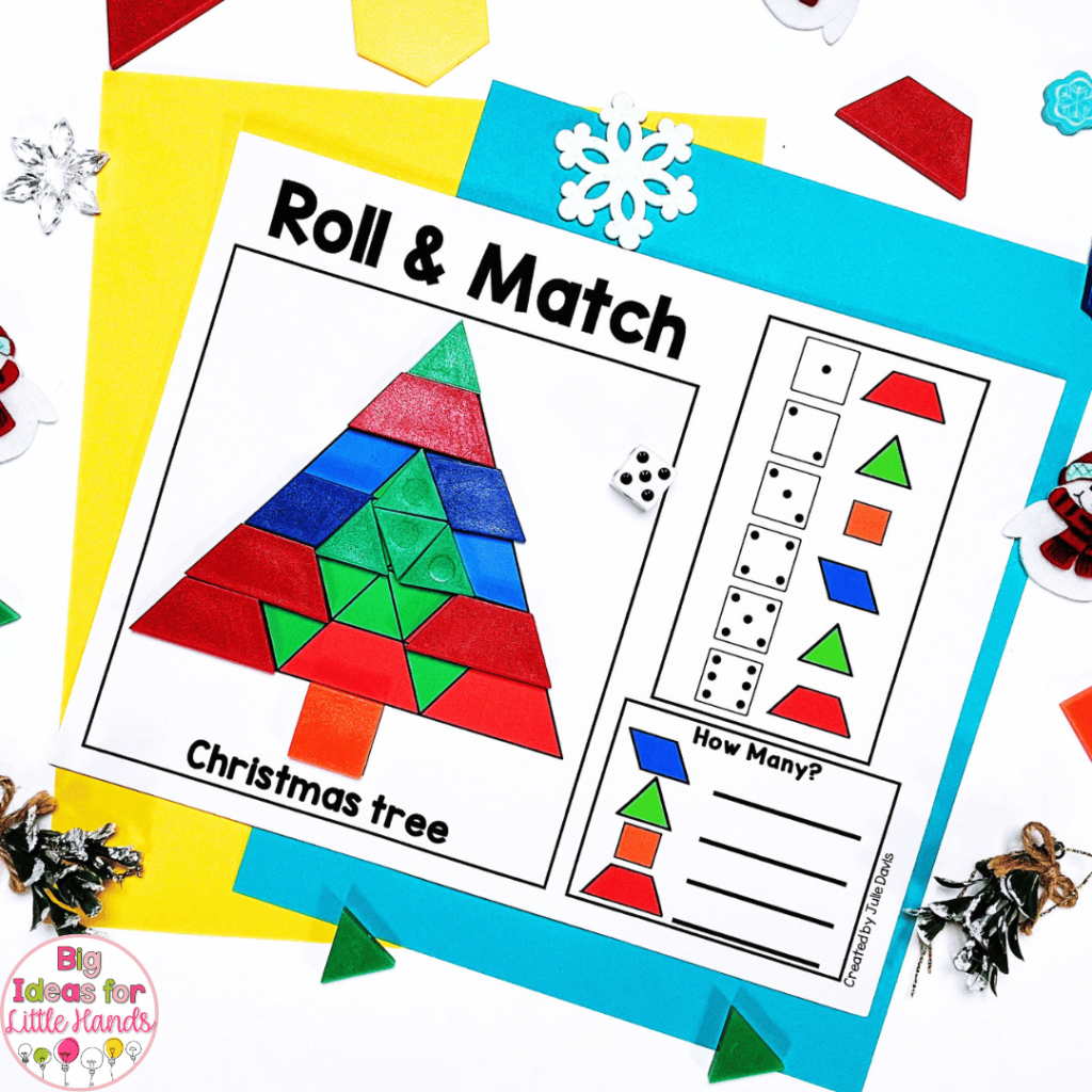 This photo shows a Roll and Match activity that can be used to practice critical thinking skills. Students will roll dice, look at the roll and cover code, and then put a corresponding pattern block on the activity mat. At the end, the students will have a Christmas tree shape!