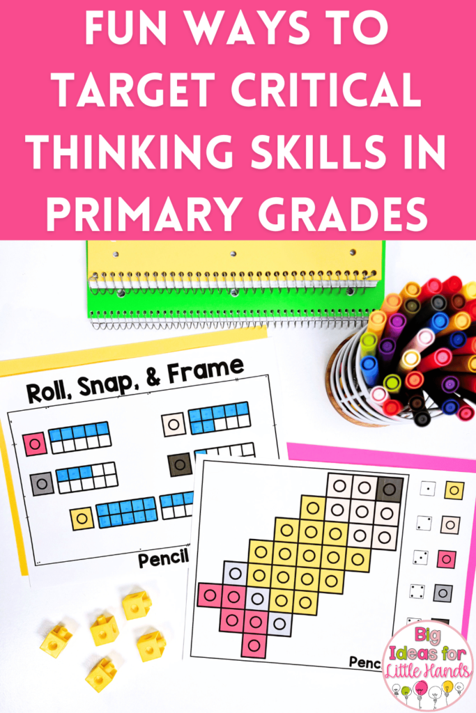 Need some ideas for fun ways to target critical thinking skills in your primary classroom? Activities like Roll, Snap & Graph and Roll and Match are perfect for practicing critical thinking and only require simple classroom materials like snap cubes and pattern blocks! You can use the low prep activity mats in centers, as morning tubs or even as early finisher activities to squeeze in critical thinking throughout the day!