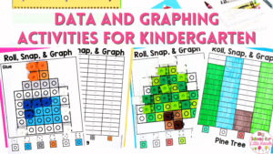 This image says, "Data and Graphing Activities for Kindergarten" and includes examples of fun and hands on graphing activities that have seasonal themes like back to school and winter.