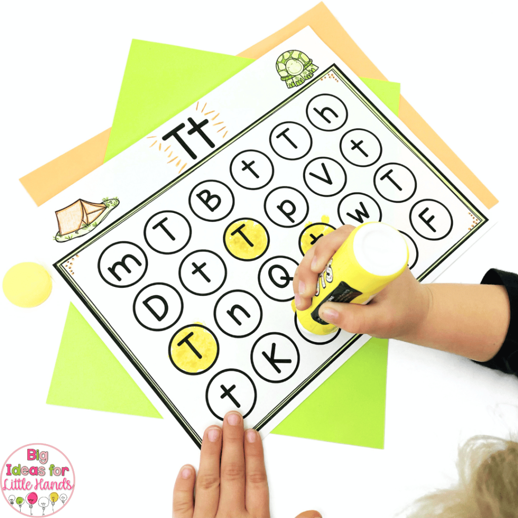 This photo shows an engaging worksheet that can be used to practice letter recognition. Students will use bingo daubers to mark the target letter for some fun, hands-on learning.