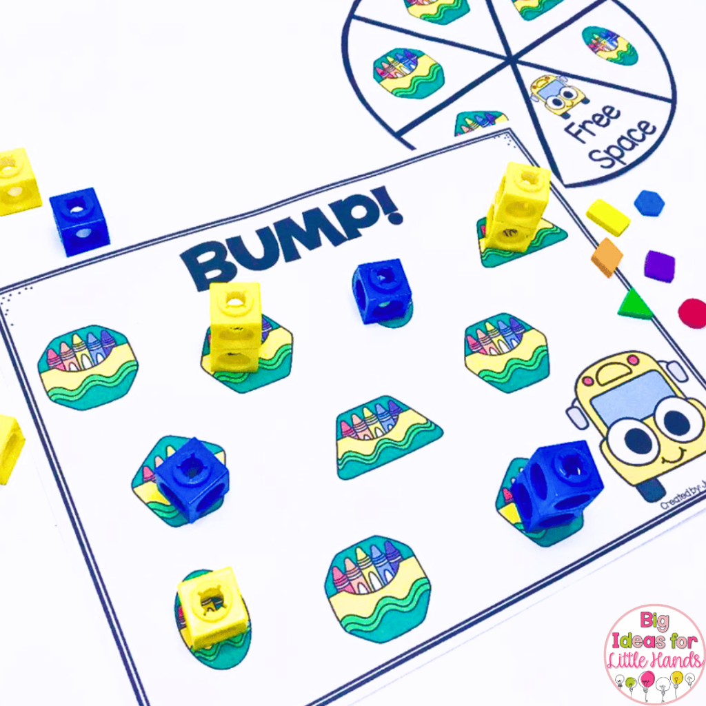 This image shows a shape focused bump game which is a great back to school shape activity for kindergarten!