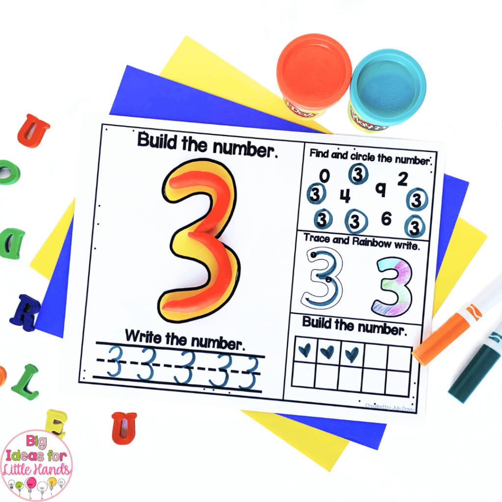 With the engaging worksheet in this photo, students will use playdough to build numbers and then practice writing and representing the number in different ways.