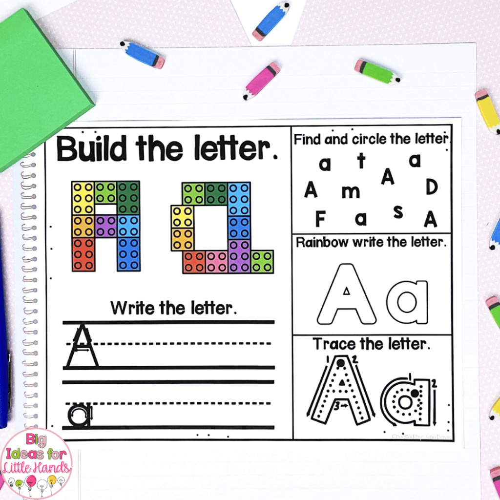 This photo shows a "build the letter" activity that can be used with legos and dry erase markers.