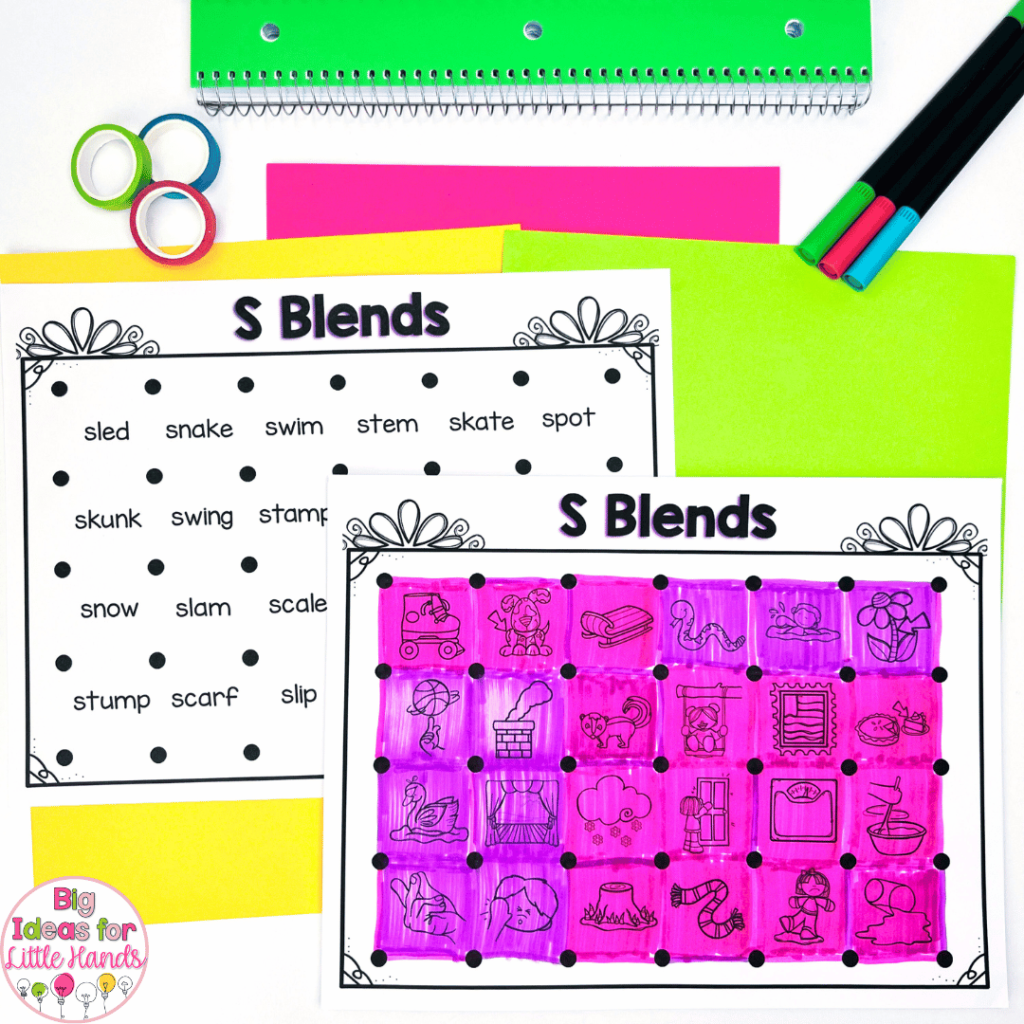 This photo shows two worksheets that focus on s blends. One targets phonemic awareness with pictures only and the other targets decoding with written words. Each worksheet is intended to be used as a partner game!