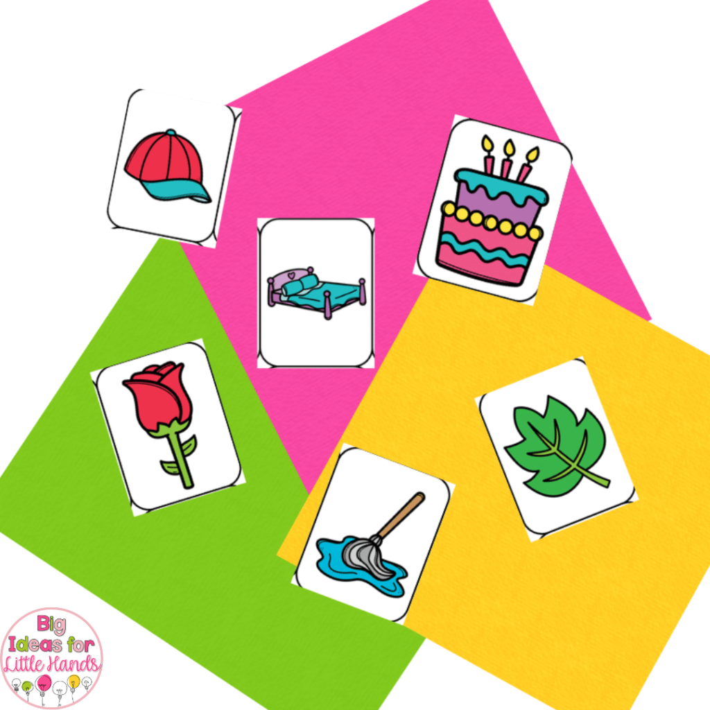 This image shows picture cards that can be used in a middle sounds phonics game. Students can sort the cards based not the middle sound heard in the words.