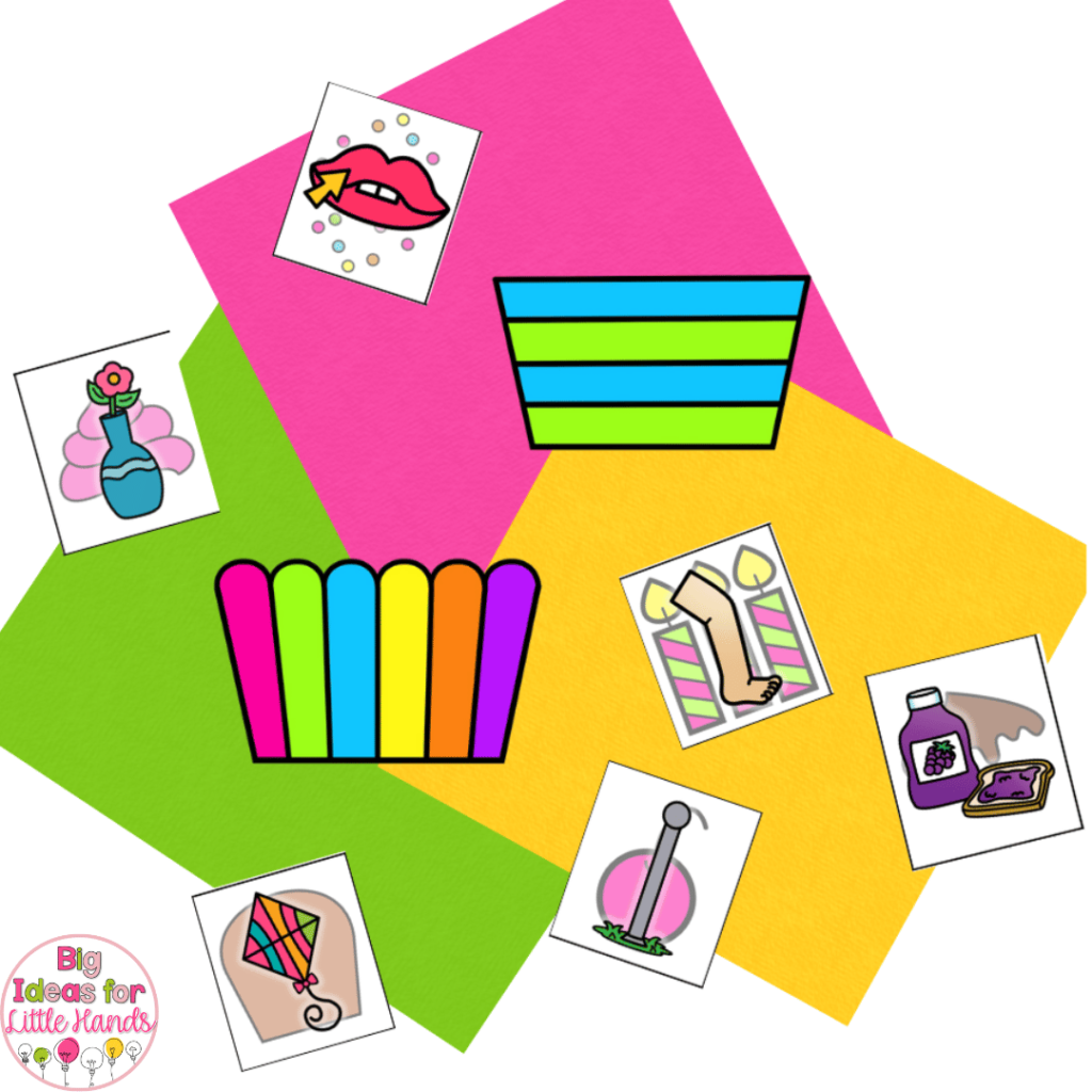 This image highlights a middle sounds activity that can be used in phonics centers. Students will build a "cupcake" using pieces that contain the same middle sound.
