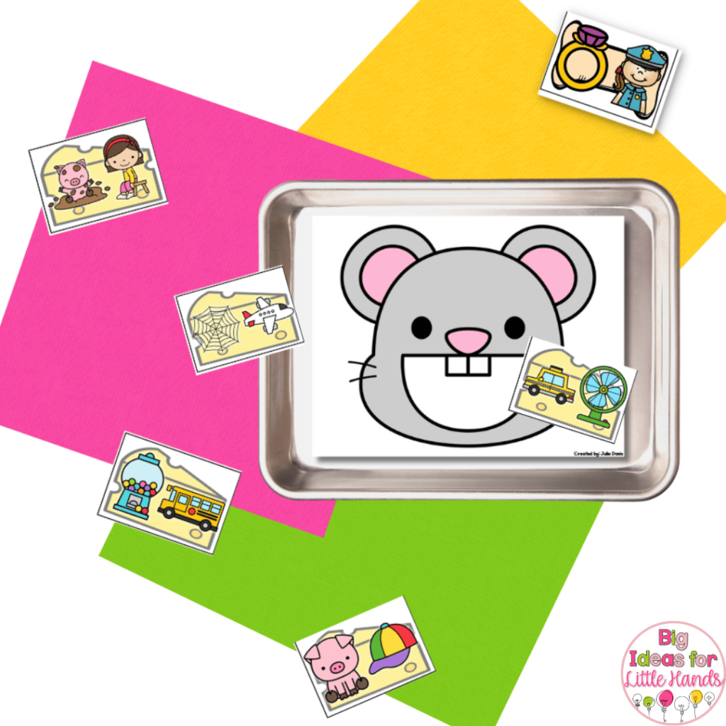 This image features a fun middle sound activity. Students will feed the mouse pictures that contain the target middle sound.