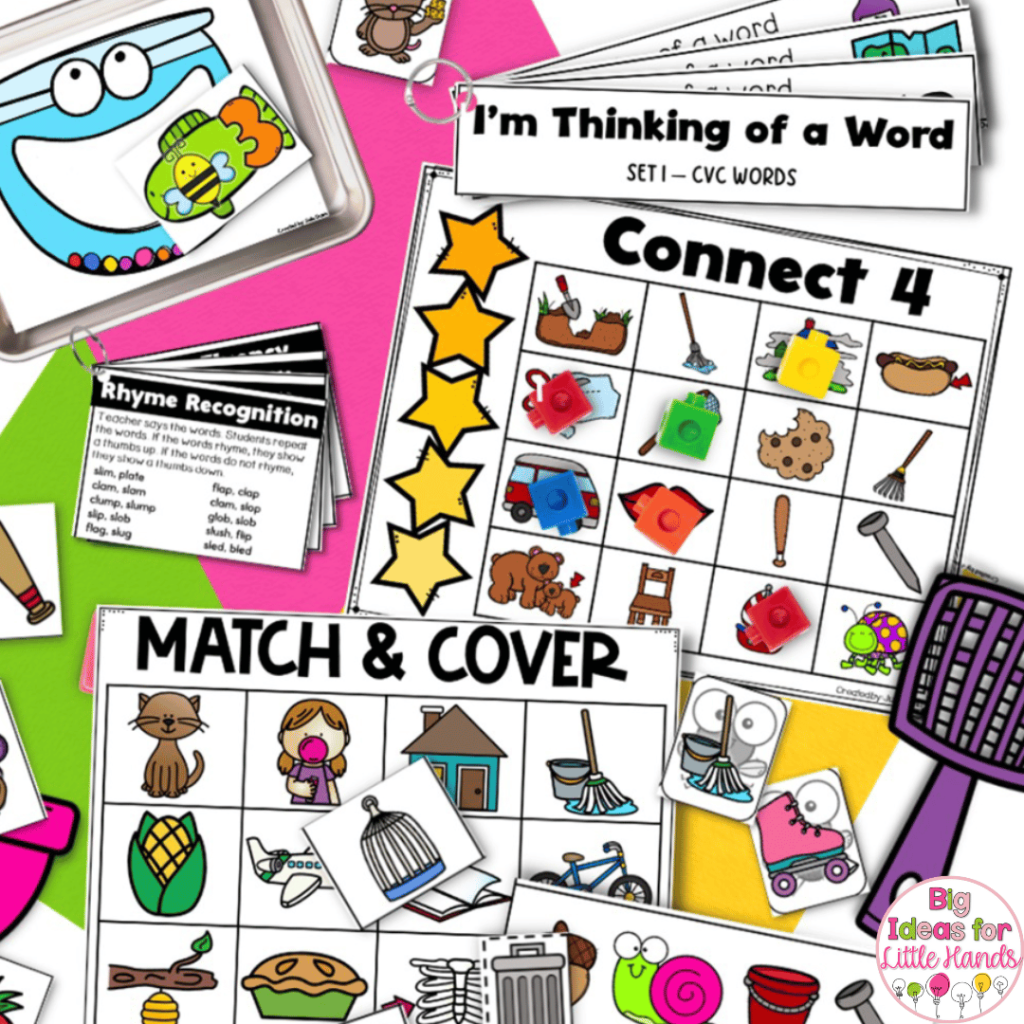 This image shows various activities that can be found within the phonics games bundle.