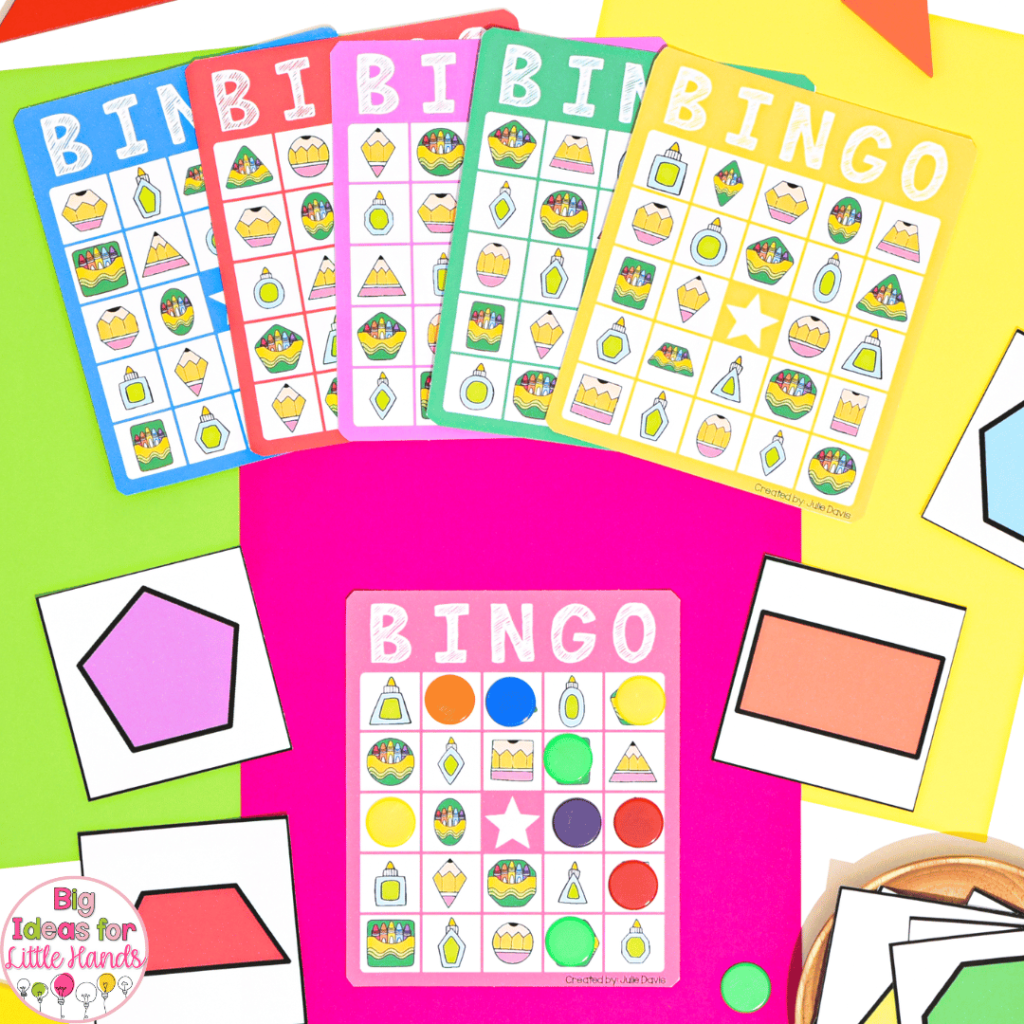 This image shows engaging bingo activities that can be used when teaching shapes in lower elementary.