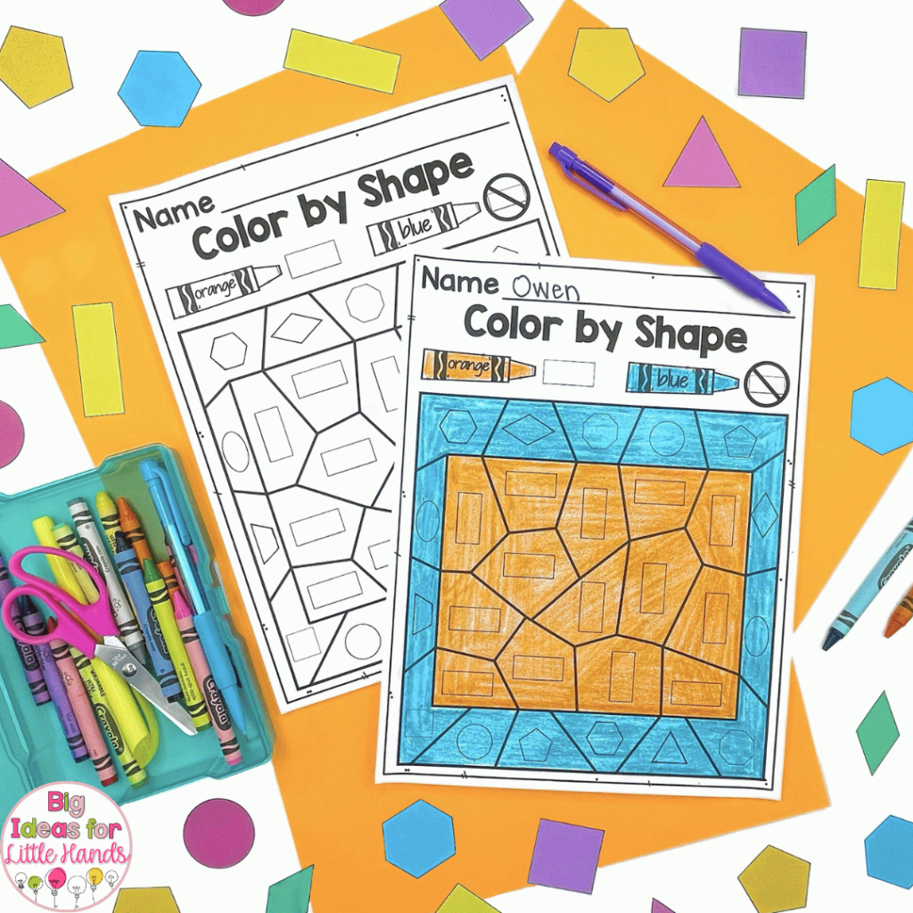 This photo highlights "Color by Shape" activities focusing on squares.
