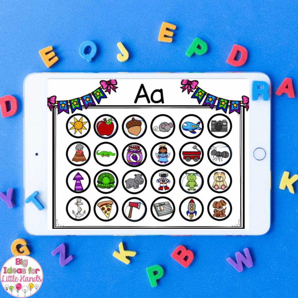 This image highlights a digital no-prep phonics game hosted on Boom Learning that students will use to practice matching letters to pictures with the correct beginning sound.