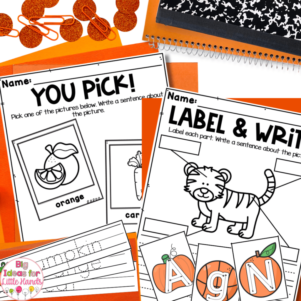 This image highlights kindergarten writing activities focused on the color orange.