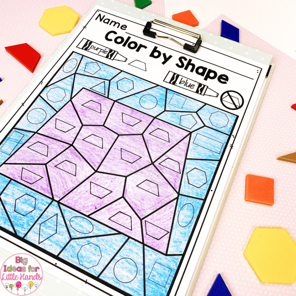 With the no-prep math activities in this image, students can color by code to practice shape recognition.