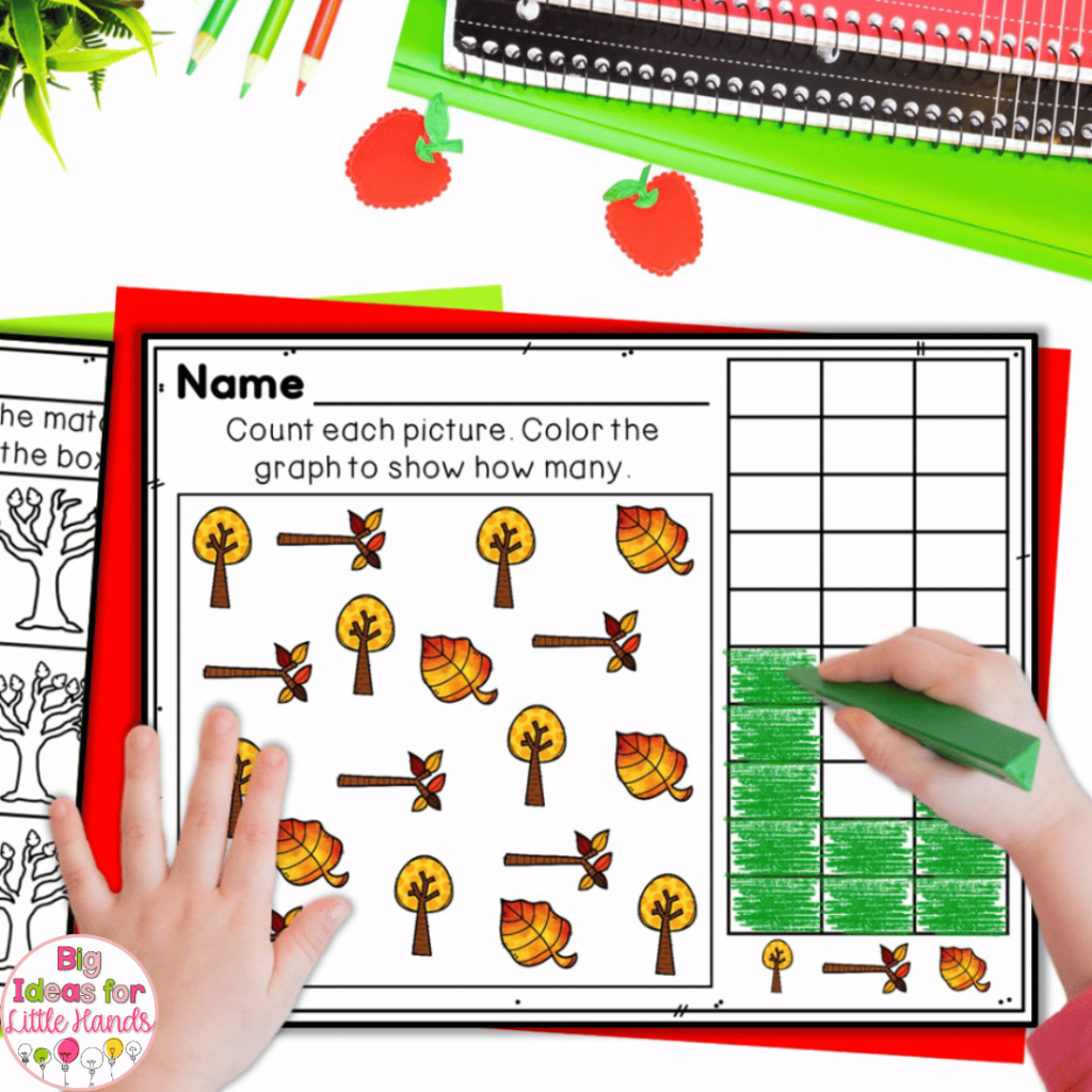 The fall math activities in this image will help students master counting and graphing.