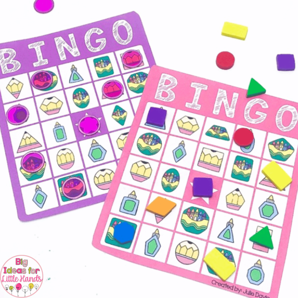 This photo highlights a bingo activity focused on 2d shapes.