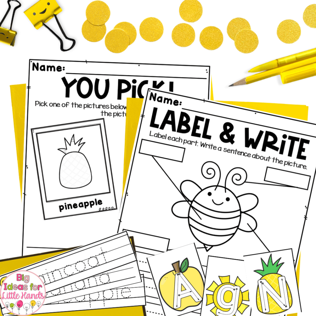 The kindergarten writing activities in this image focus on the color yellow.