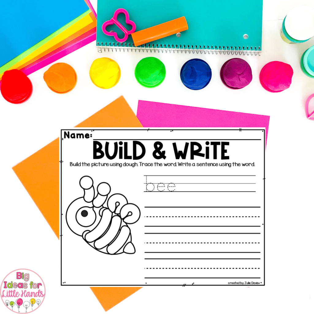 Build and Write, as shown in this image, is a great kindergarten writing activity to include in centers.