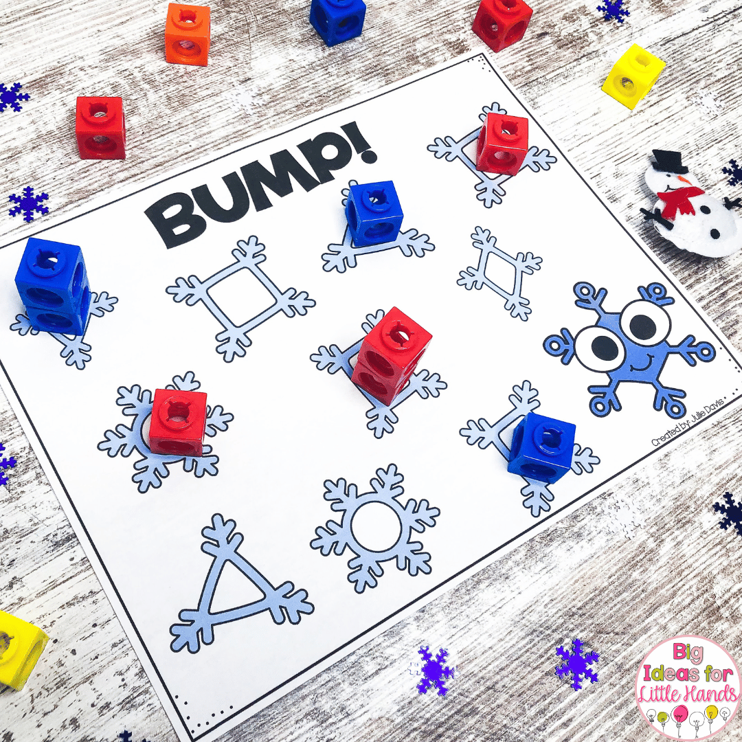 This image highlights the Bump! game that gets students laughing and excited to play. It's the perfect way to review shapes during winter math centers.